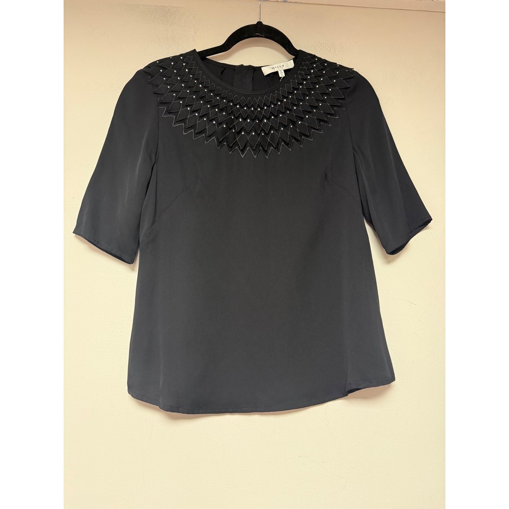 Milly Blouse Womens 2 Black Excellent Silk Blend Laser Cut Rhinestone 8832